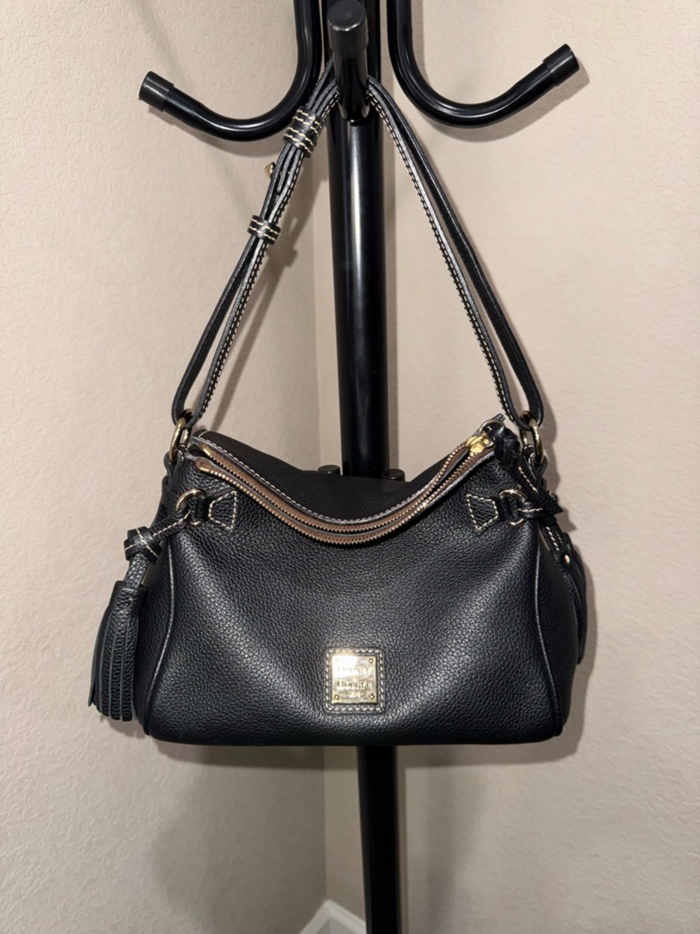 Dooney & Bourke Black Pebbled Leather Small Shoulder Bag with Tassels